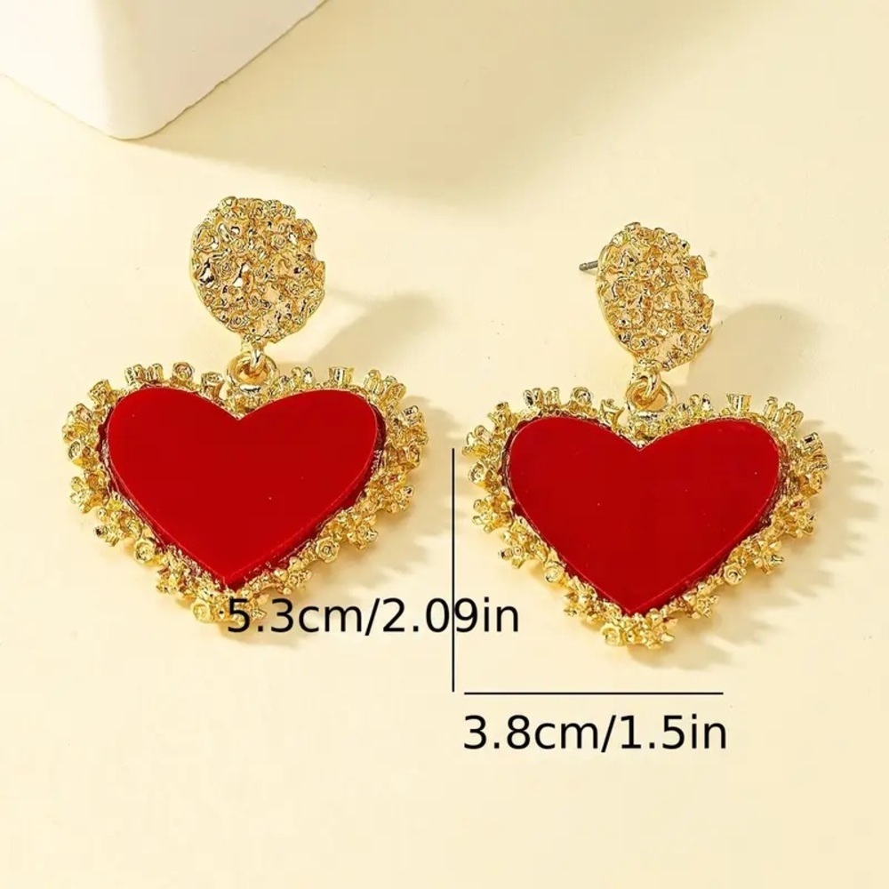 Glam Gold & Red Heart Earrings Romantic Drop - Picture 4 of 6